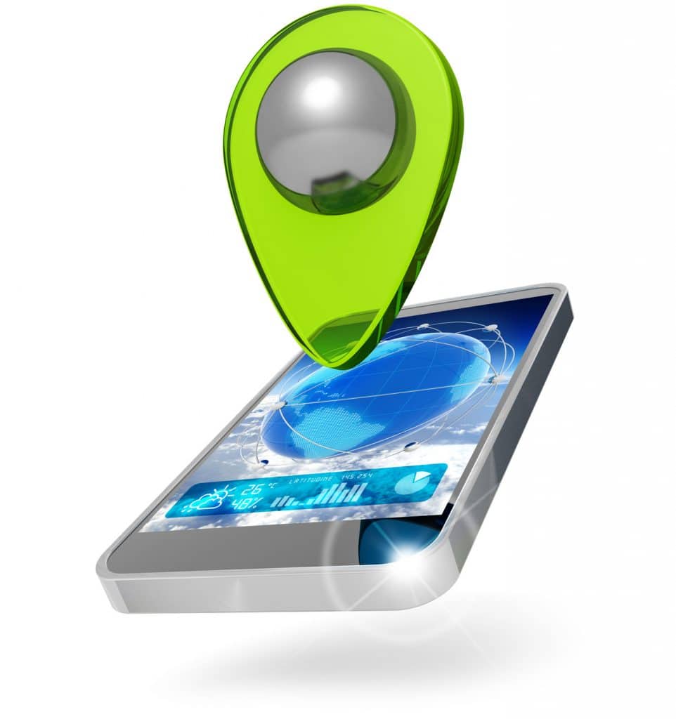 mobile phone with location marker on white background